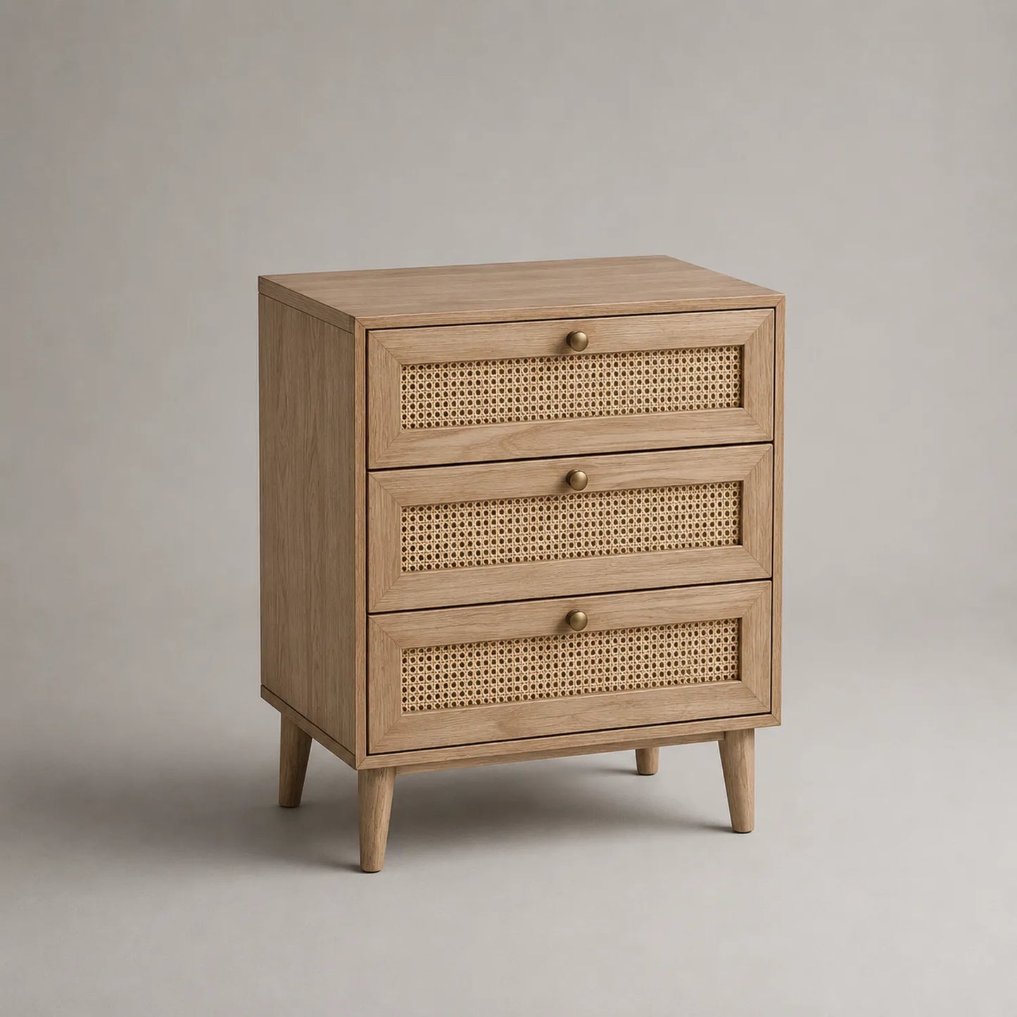 Holz Nachttisch mit Rattanfront, Drei Schubladen, Natur