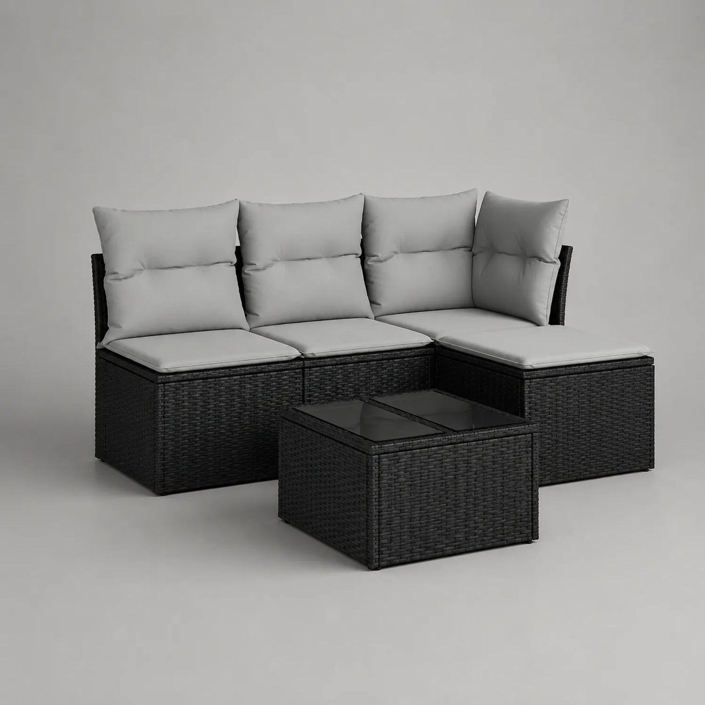 4-teiliges Gartenmöbel-Set aus Rattan mit Glas Couchtisch, Grau/Schwarz, Sofa 181x137x65 cm, Tisch 60x60x32 cm
