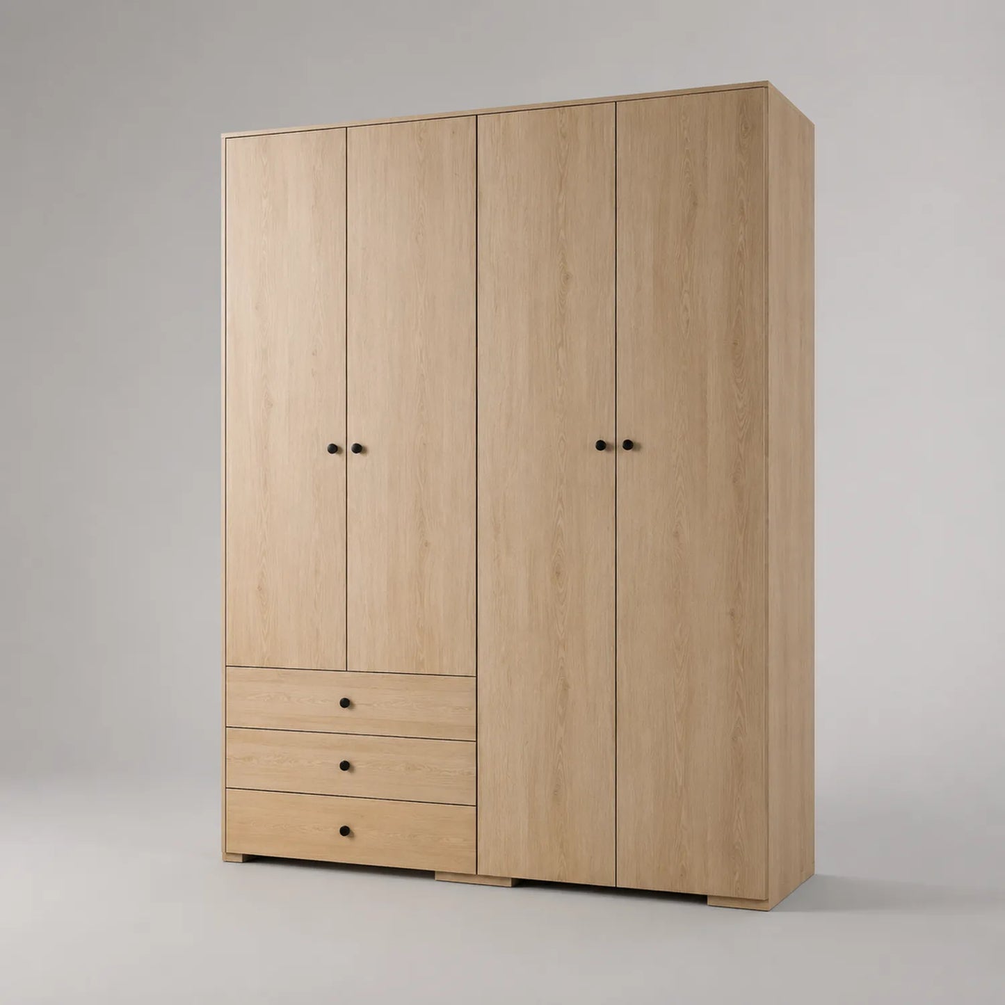 Eichenfurnier Kleiderschrank mit 4 Türen und 3 Schubladen, 200 cm x 150 cm x 60 cm