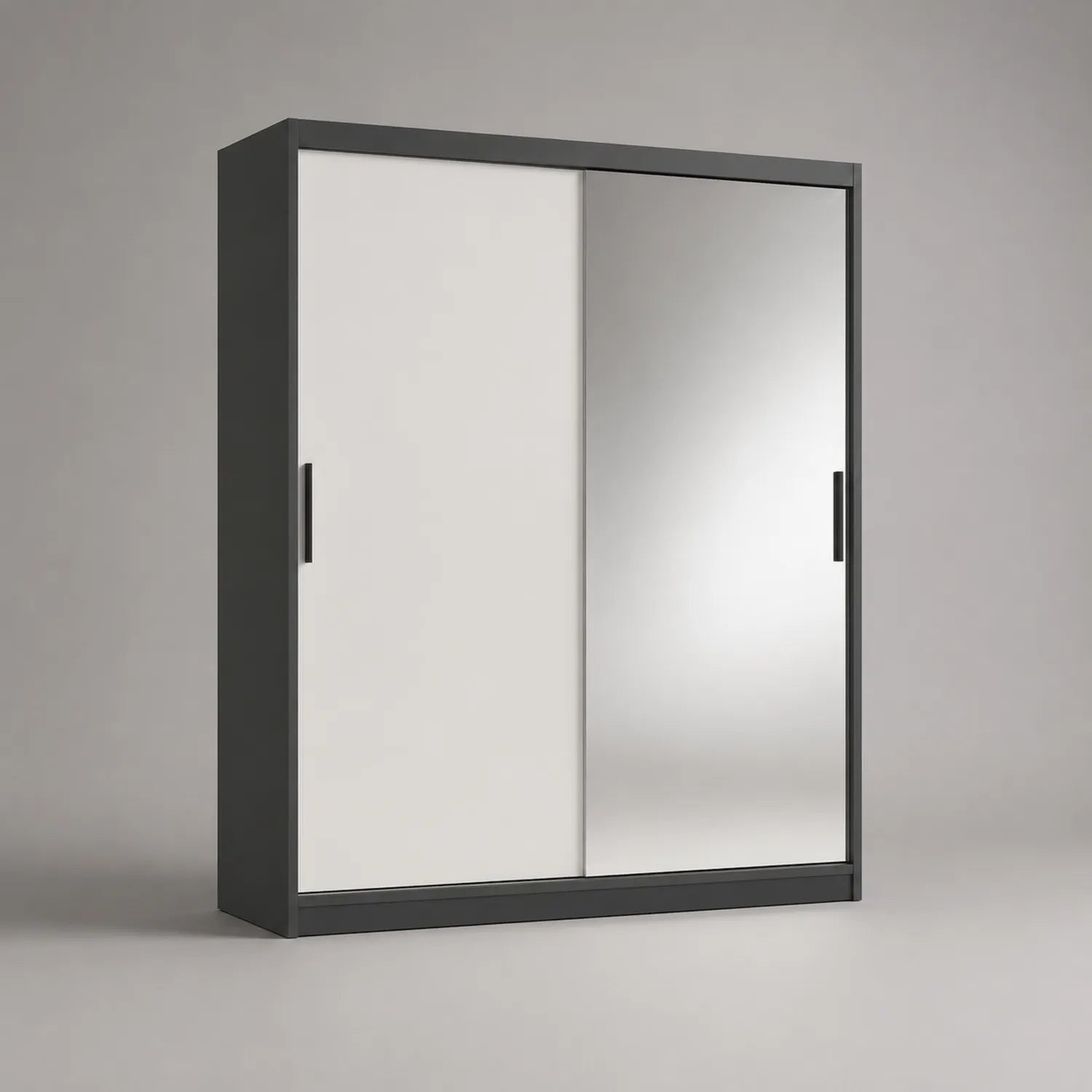 Kleiderschrank mit Schiebetüren aus Holzwerkstoff und Spiegel 200x60x215 cm Schwarz/Spiegelglas/Weiß