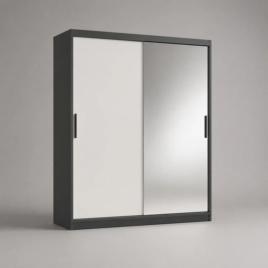 Kleiderschrank mit Schiebetüren aus Holzwerkstoff und Spiegel 200x60x215 cm Schwarz/Spiegelglas/Weiß