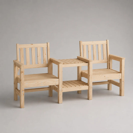 Gartenbank aus Kiefernholz mit integriertem Tisch, Naturholz, 150x60x90cm