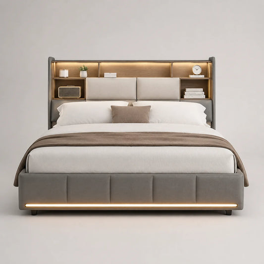 Bettrahmen mit Regal-Kopfteil und LED-Beleuchtung, Grauer Stoff 200x180 cm