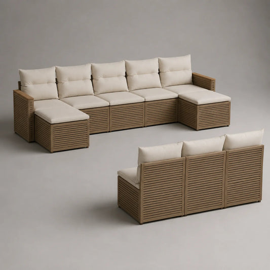 Modulares Garten Ecksofa Set aus Akazienholz mit Kissen Beige
