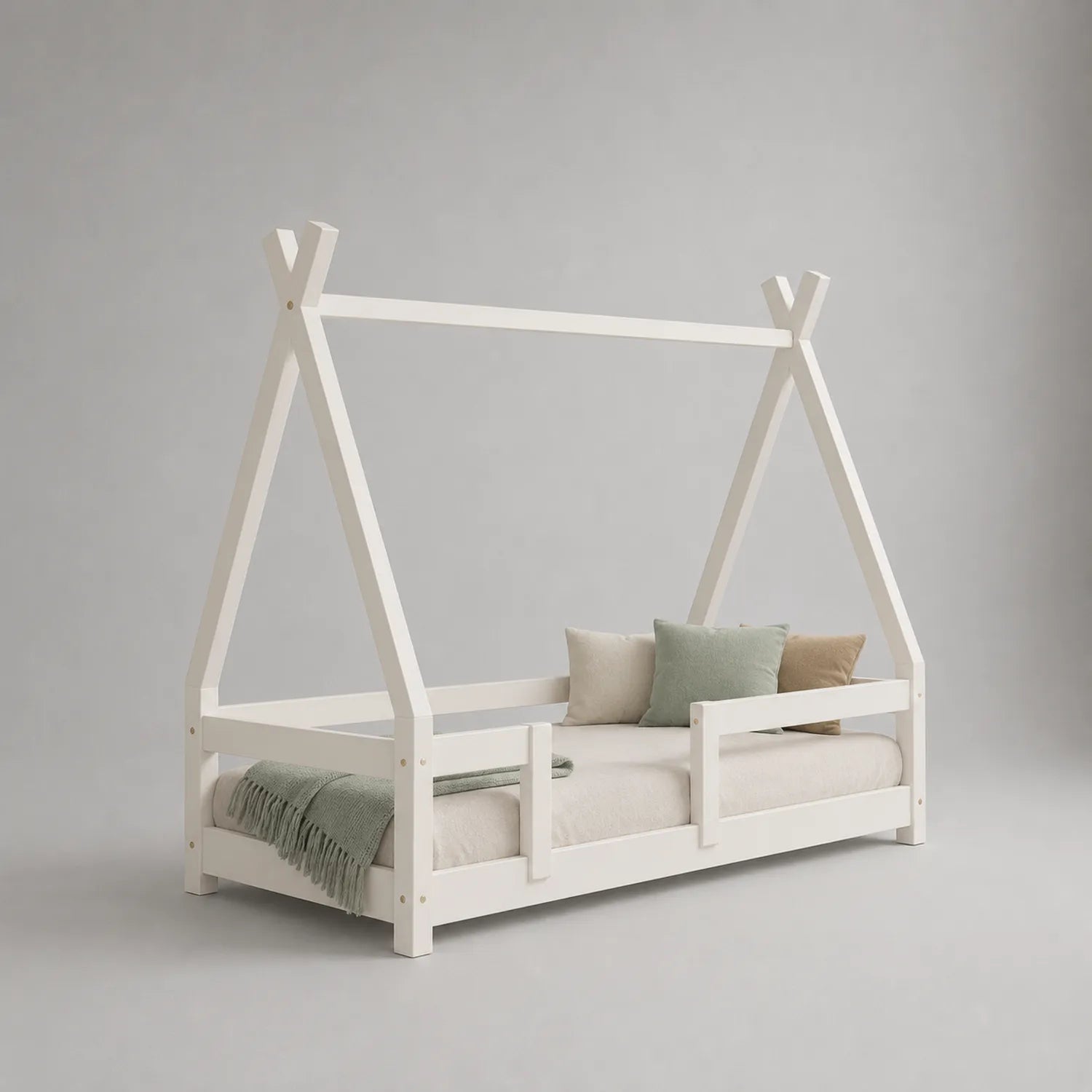 Kinderhausbett Holz Weiß 200cm x 90cm mit Matratze und Kissen