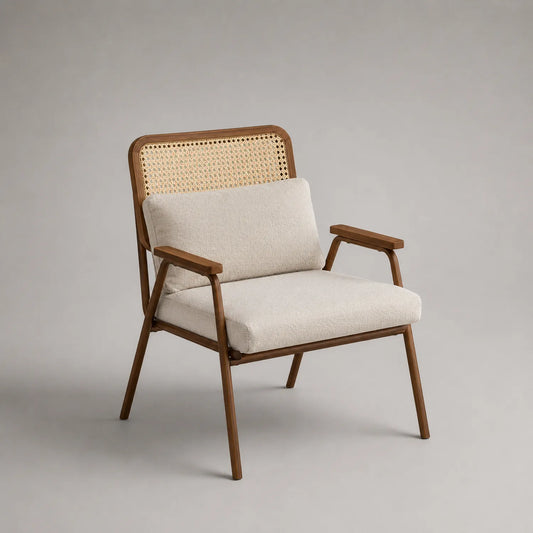 Stuhl mit Holzrahmen und Rattanlehne, Beige, Polyesterpolsterung
