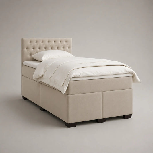 Einzelbett 90x200 cm Stoff Beige mit Kopfteil und Stauraum
