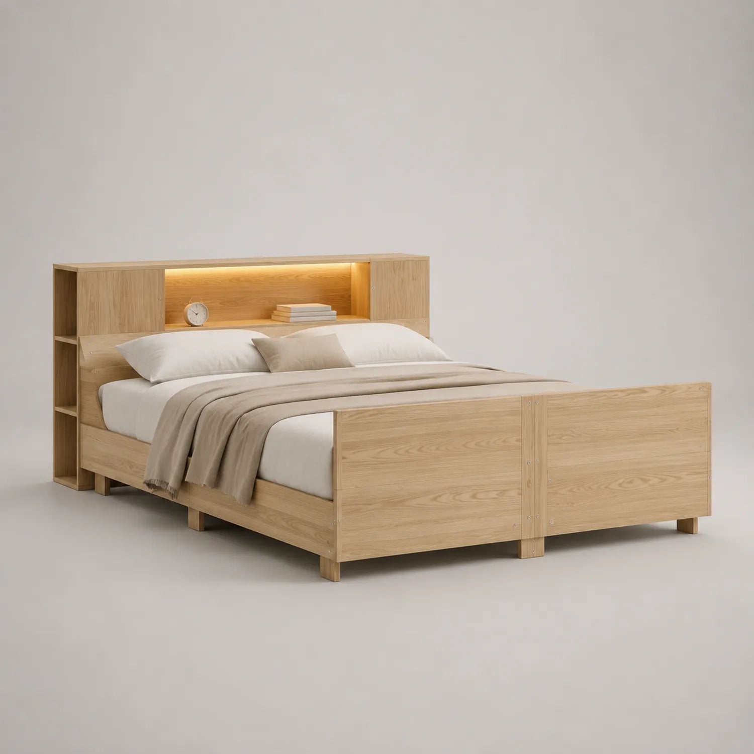 Holzbett mit Regal Kopfteil und Beleuchtung, 200x160x90 cm