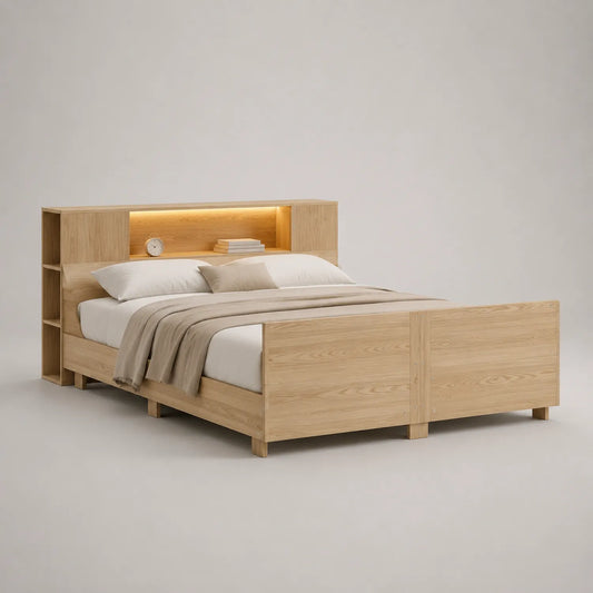 Holzbett mit Regal Kopfteil und Beleuchtung, 200x160x90 cm