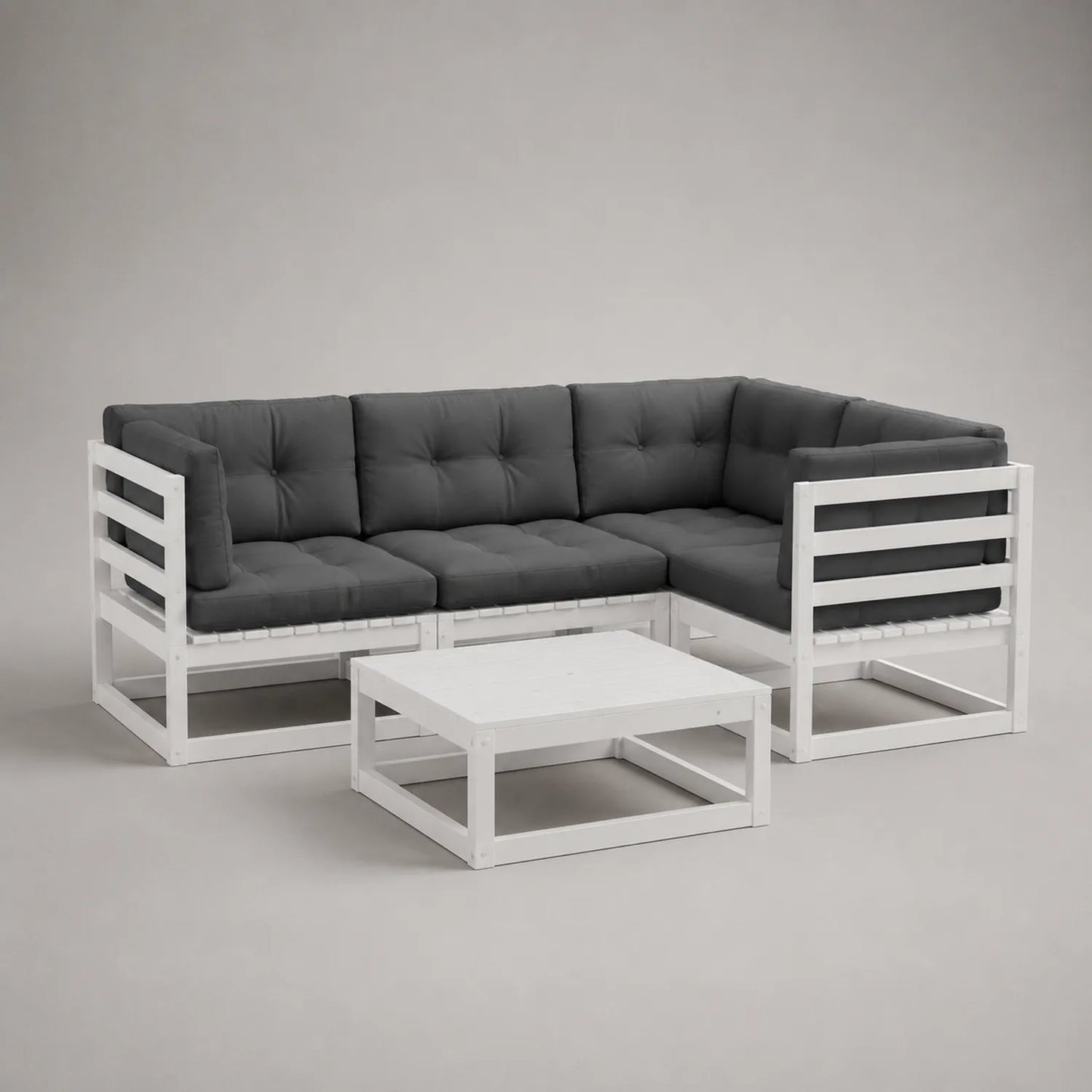 Ecksofa-Set aus Holz mit Weißen Rahmen und Dunkelgrauen Kissen