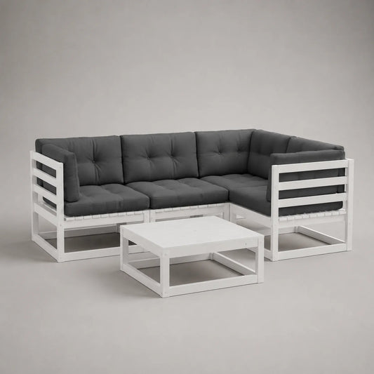 Ecksofa-Set aus Holz mit Weißen Rahmen und Dunkelgrauen Kissen