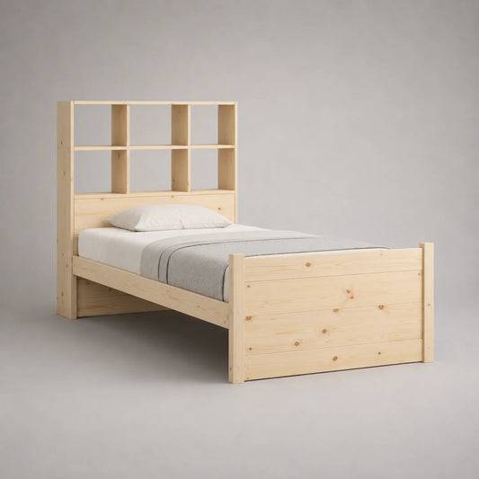 Einzelbett aus Kiefernholz mit Regal-Kopfteil 200x100 cm Natur