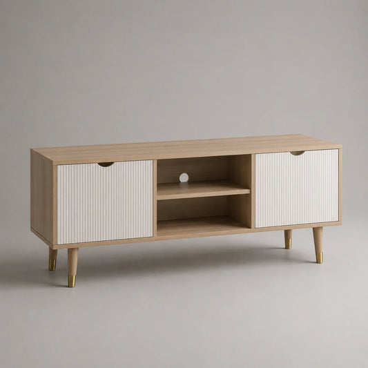 Holz TV-Möbel mit weißen Türen und Metallfüßen