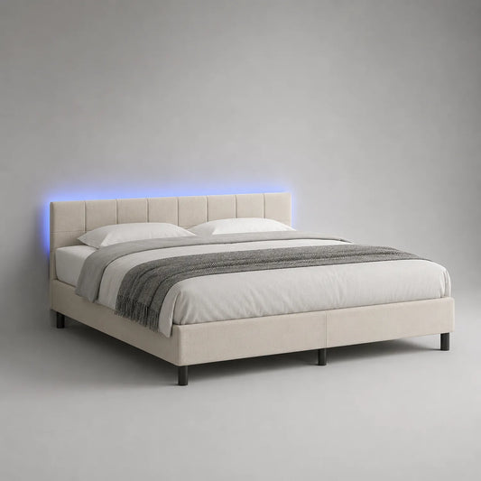 Polsterbett mit Leinenbezug und LED-Beleuchtung 180x200 cm Beige
