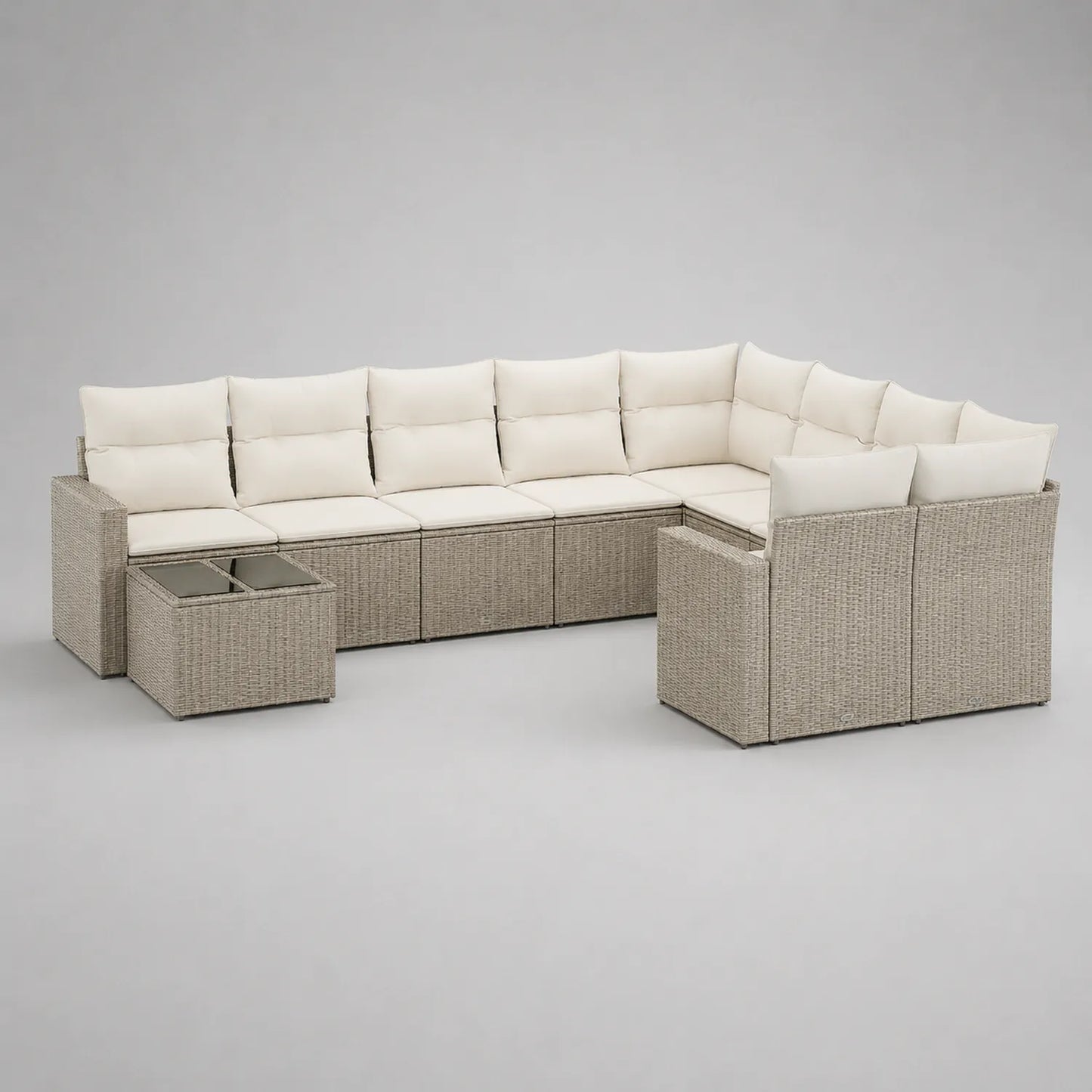 Outdoor Ecksofa-Set aus Rattan mit Kissen und Glastisch