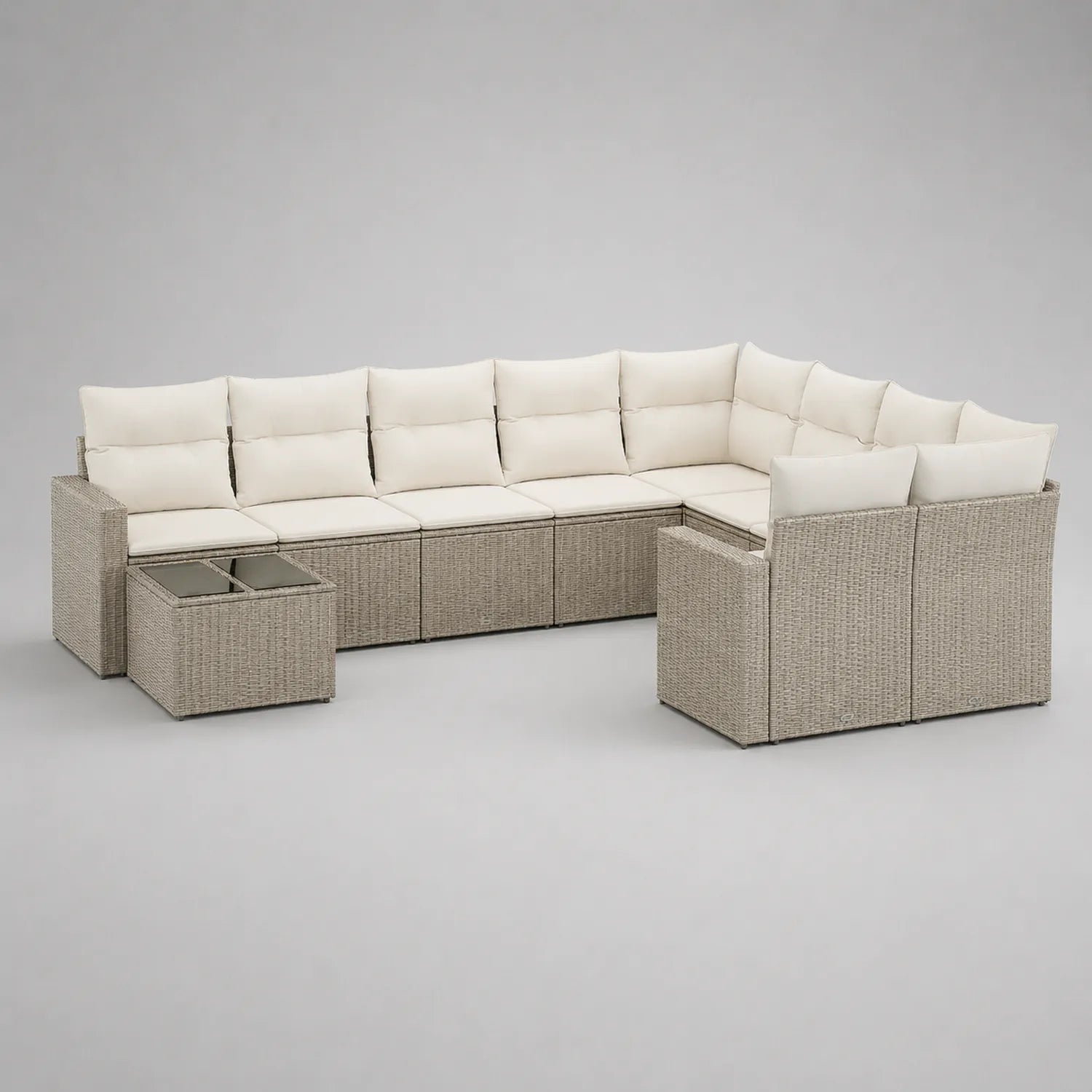 Outdoor Ecksofa-Set aus Rattan mit Kissen und Glastisch