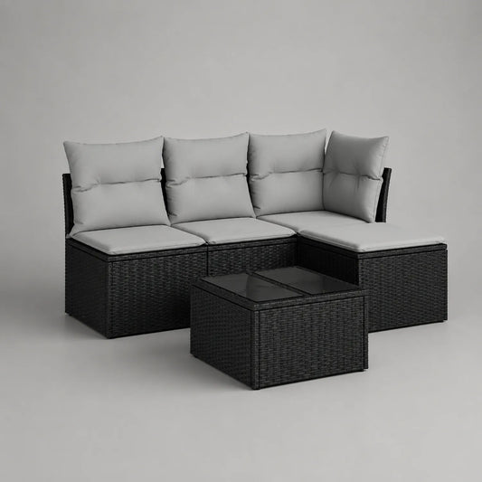 4-teiliges Gartenmöbel-Set aus Rattan mit Glas Couchtisch, Grau/Schwarz, Sofa 181x137x65 cm, Tisch 60x60x32 cm