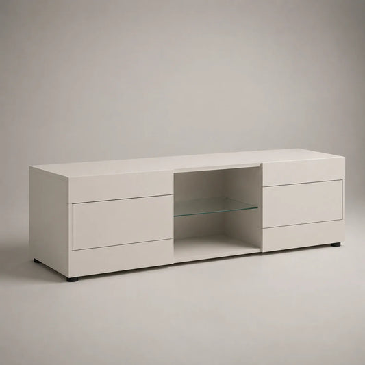 Weißer TV-Schrank mit 4 Schubladen und Glasregal