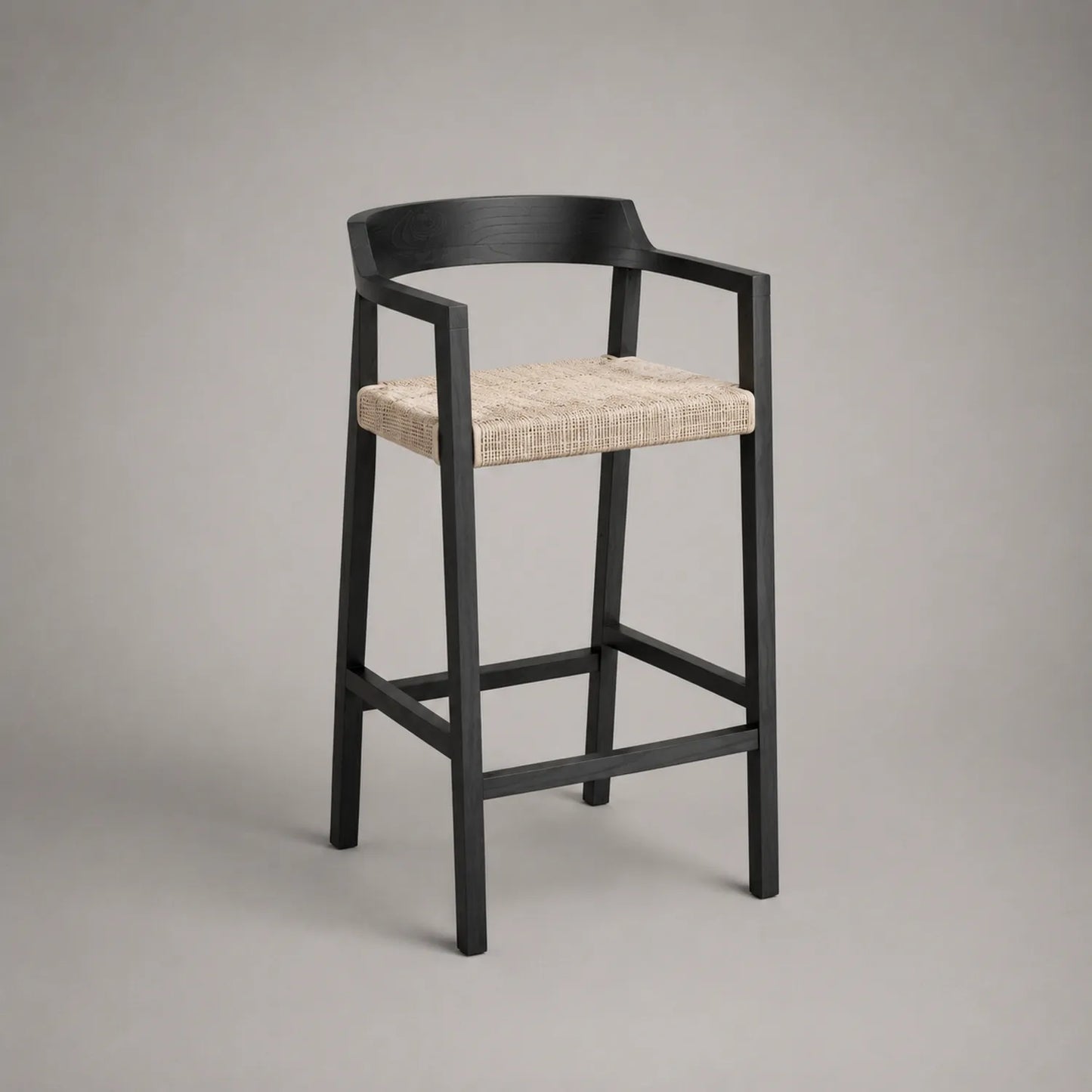 Barhocker aus Holz mit Rattan Sitzfläche, Schwarz und Beige