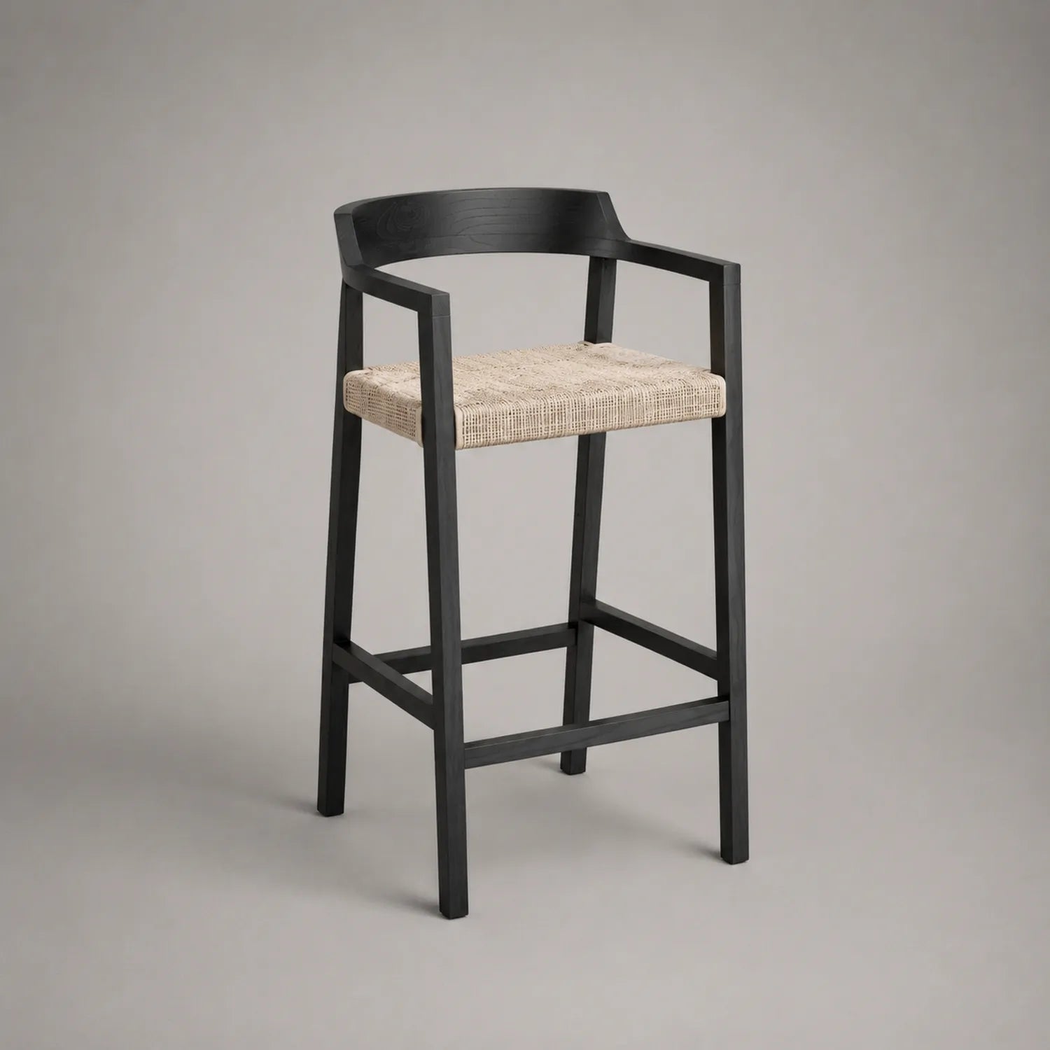Barhocker aus Holz mit Rattan Sitzfläche, Schwarz und Beige