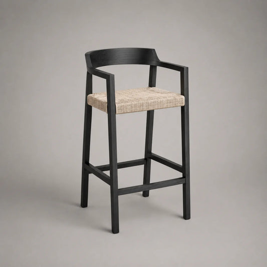 Barhocker aus Holz mit Rattan Sitzfläche, Schwarz und Beige