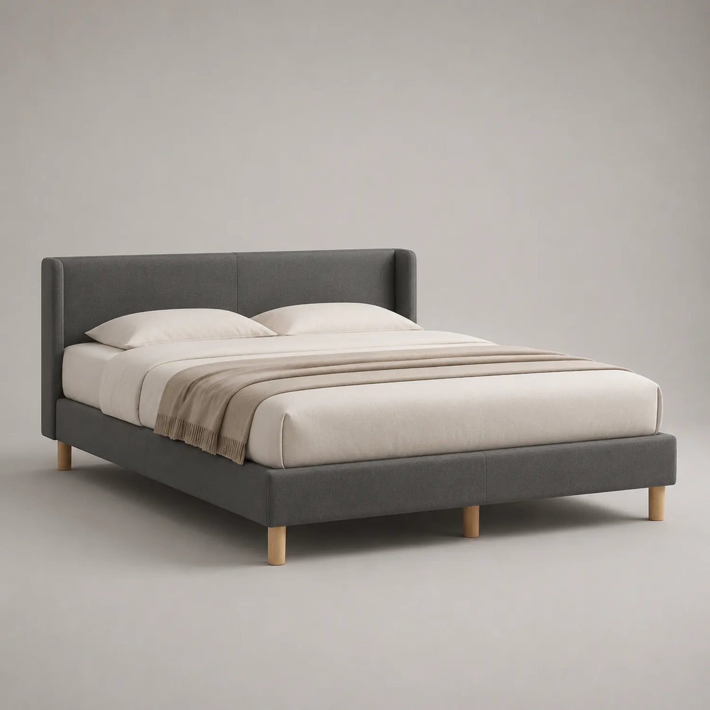 Stoffbett Grau mit Holzfüßen 200x160cm