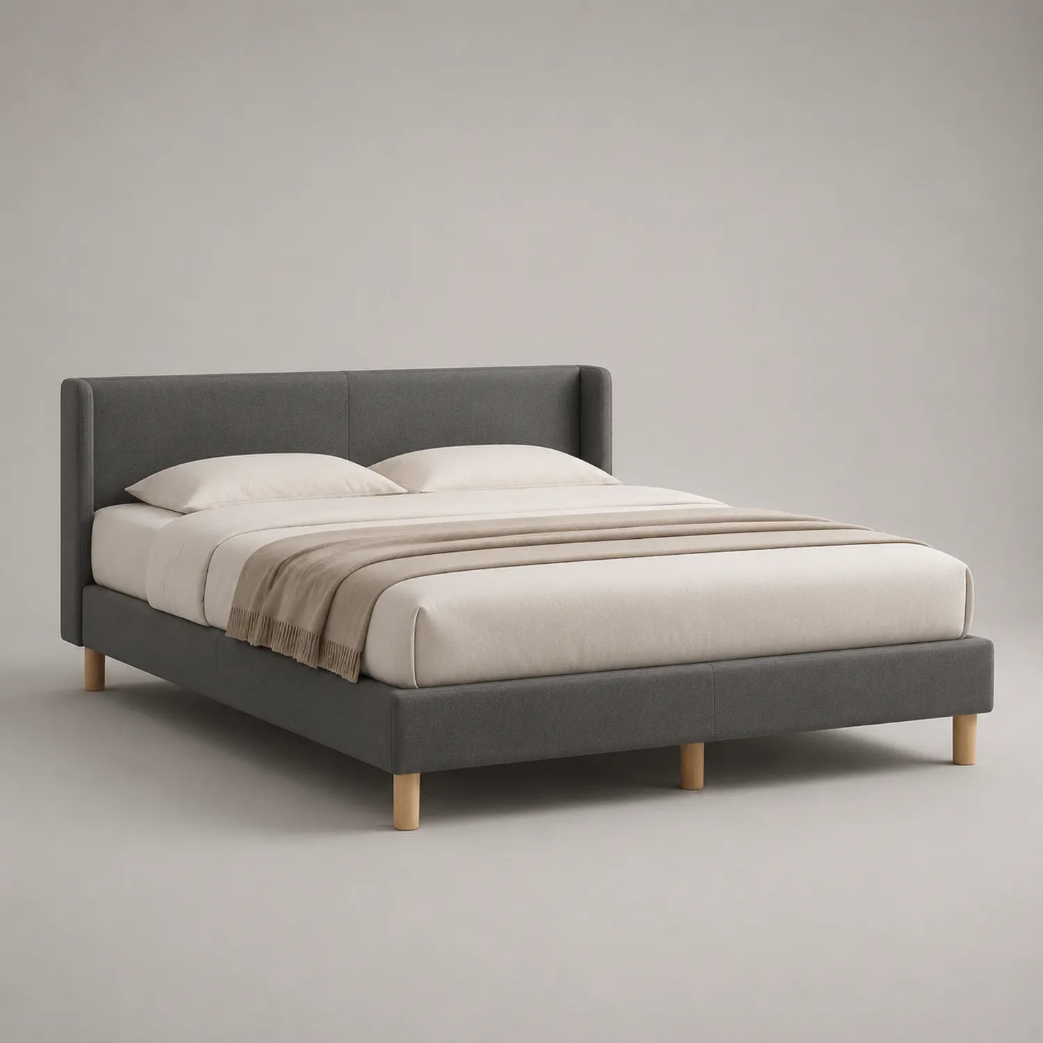 Stoffbett Grau mit Holzfüßen 200x160cm
