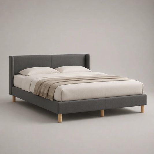 Stoffbett Grau mit Holzfüßen 200x160cm