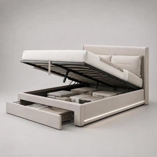 Stoffbett mit Stauraum und Hebefunktion Beige 200x160 cm