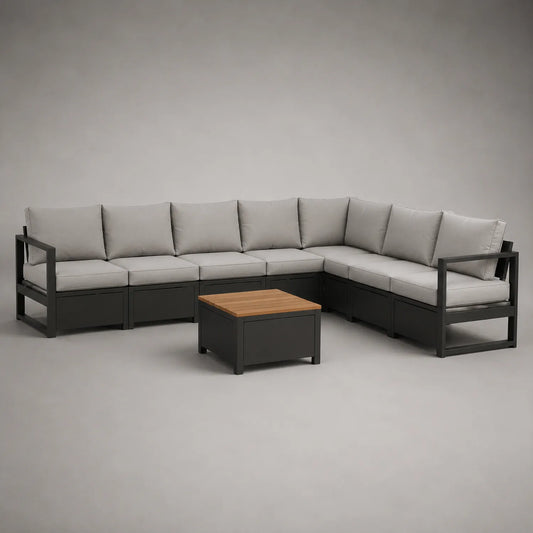 Outdoor-Ecksofa-Set mit Aluminiumrahmen und Holztisch, Grau