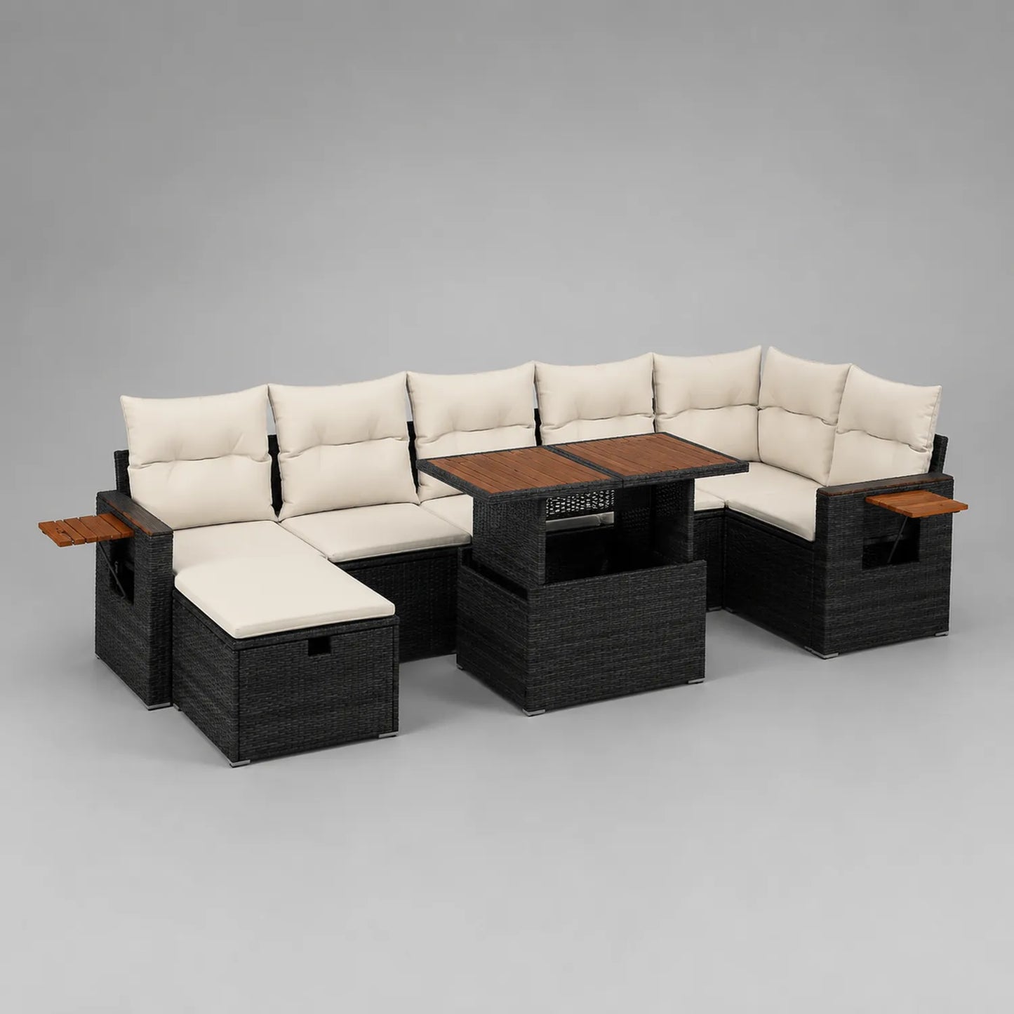 Polyrattan Outdoor-Sofa-Set mit Akazienholz-Tisch, schwarz/beige