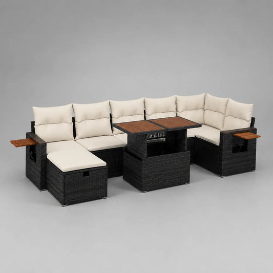 Polyrattan Outdoor-Sofa-Set mit Akazienholz-Tisch, schwarz/beige