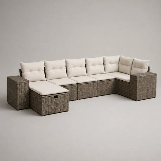 Modulares Rattan Gartensofa Set mit Hocker Polyester Kissen Beige Braun