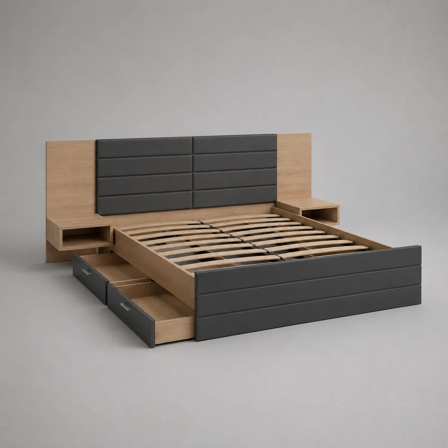 Doppelbett MDF/Kunstleder Grau/Eiche mit Stauraum