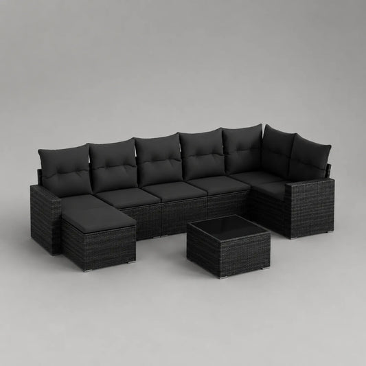 Modulares Rattan Ecksofa-Set mit Tisch aus Polyrattan in Schwarz