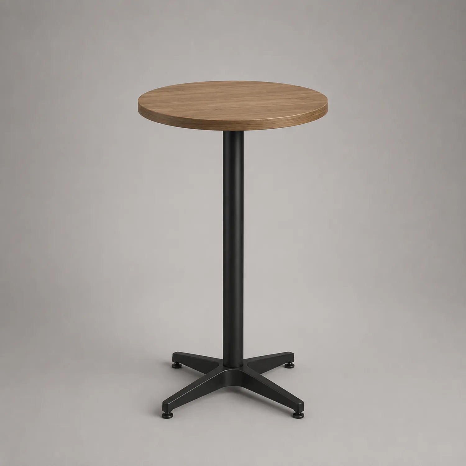 Runder Tisch mit Eichenfurnier und schwarzem Stahlfuß, Höhe 110 cm, Durchmesser 60 cm