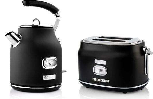 Westinghouse Retro Frühstücksset WES – Zwei-Schlitz-Toaster, schwarz, Kabelaufwicklung, Abschaltautomatik, Trockengehschutz