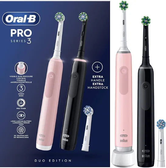 Oszillierende Zahnbürste Oral-B Pro 3 Duo – rosa/schwarz, Aufsteckbürsten: 3 Stück, Akku